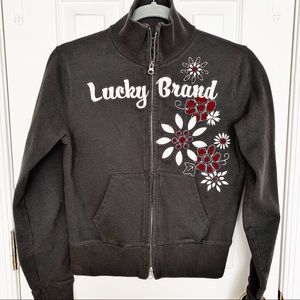 Lucky Brand Grey Vintage Y2K Zip Front Embroidered Sweatshirt Small